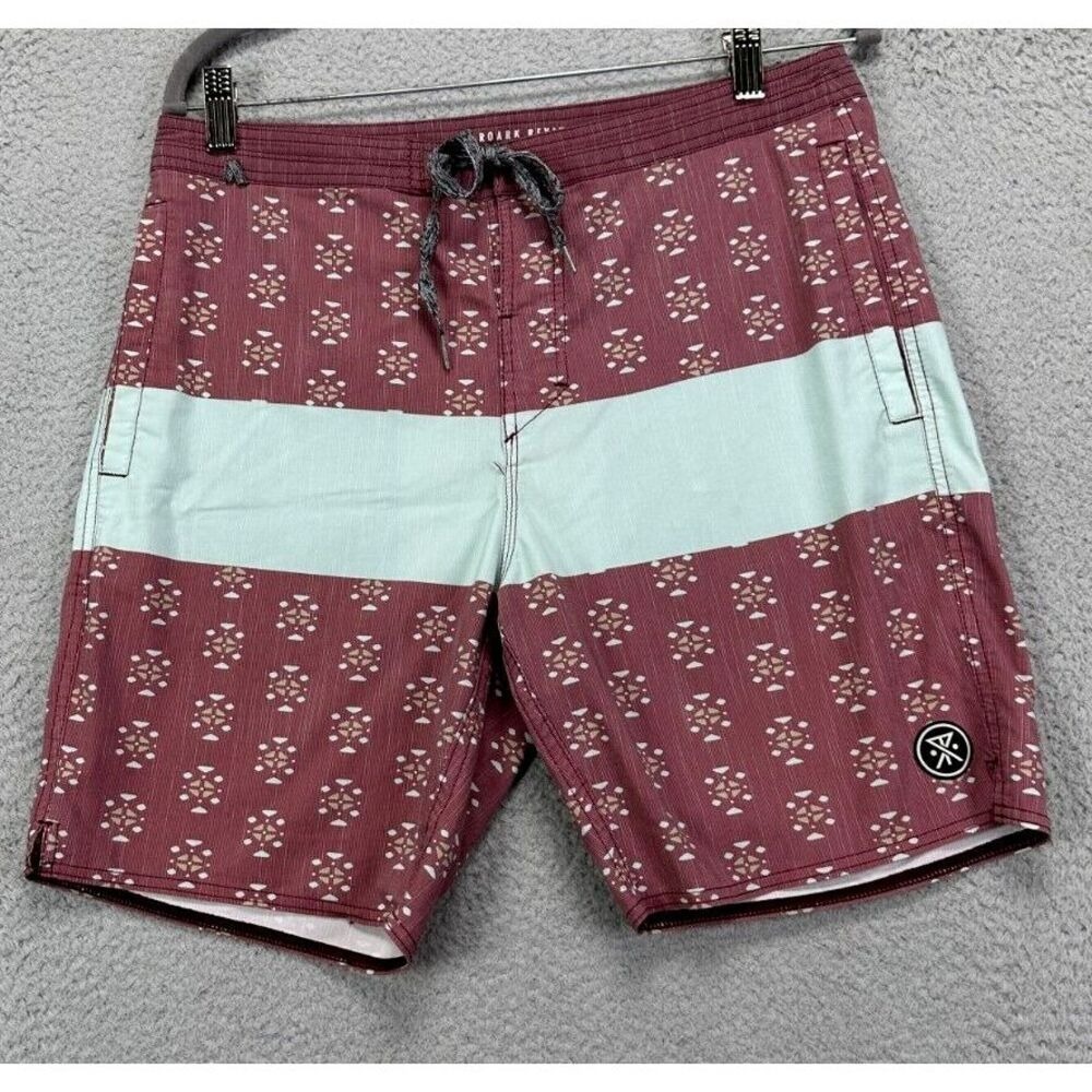 Roark Revival Swim Trunks Men 32 Maroon Blue Print Panel Drawstring Board Shorts